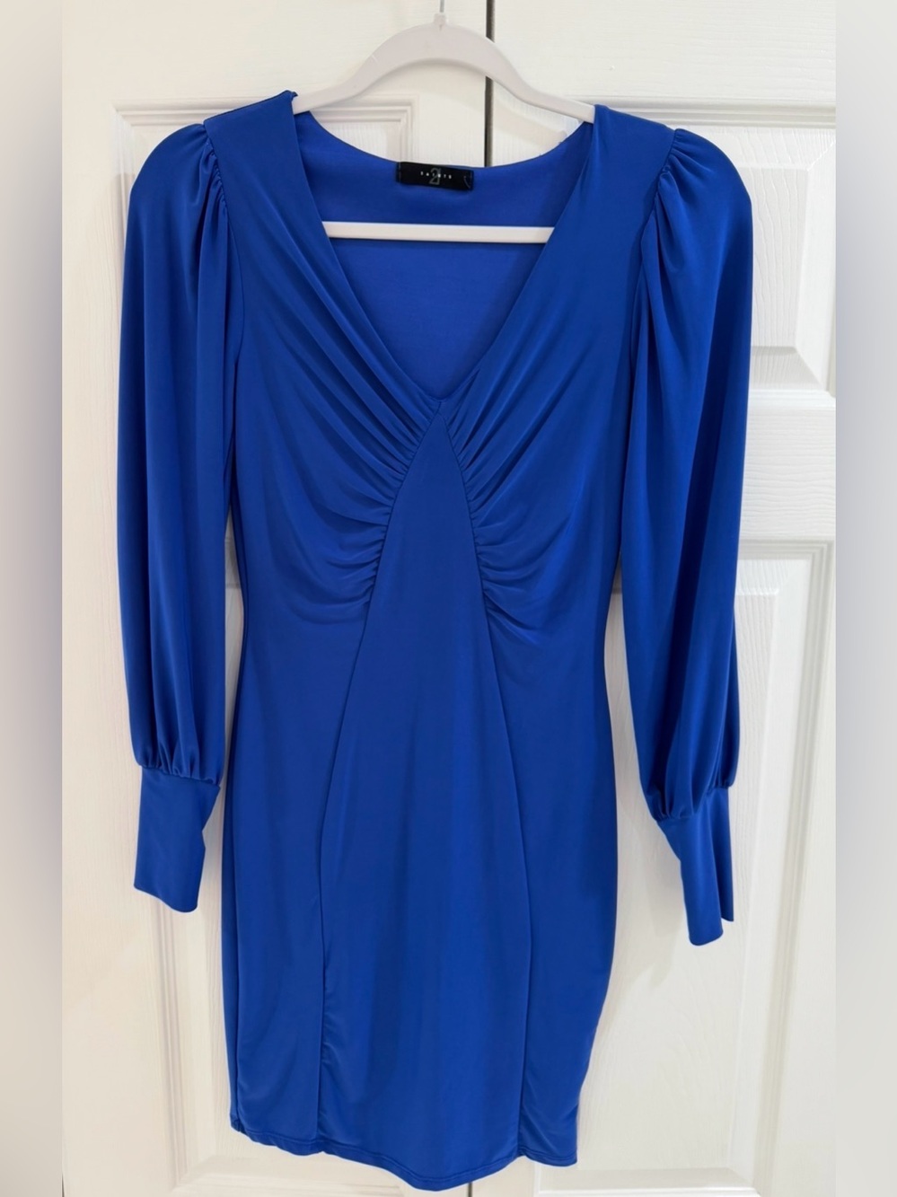 Satin V-Neck Ruched Sleeve Dress - Blue
